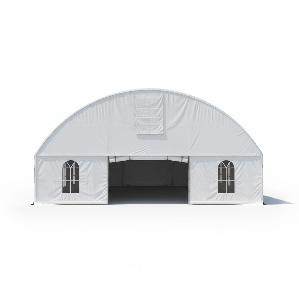 Firefly_Gemini Flash_Generar una imagen de una carpa tipo hangar en medio de un fondo blanco, colocar somb 359304 (2)