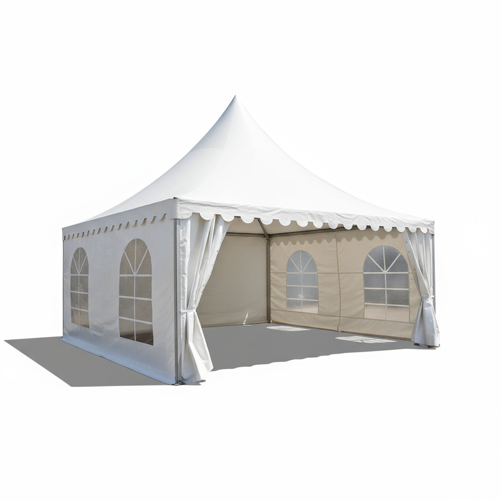 Firefly_Gemini Flash_Generar una imagen de una carpa tipo pagoda en medio de un fondo blanco, colocar somb 359304